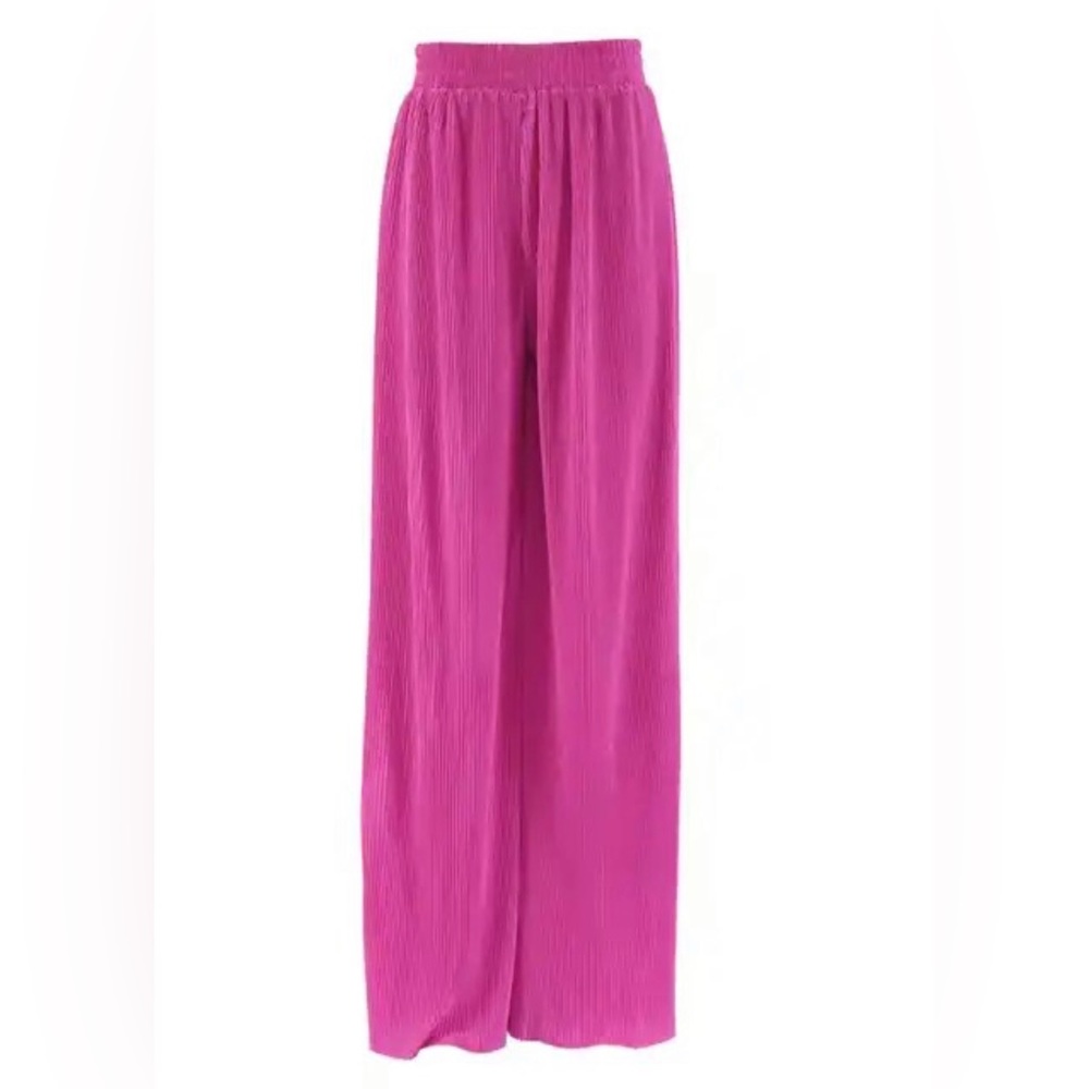 Plisse Pleated Pants, Medium (Rose Pink)